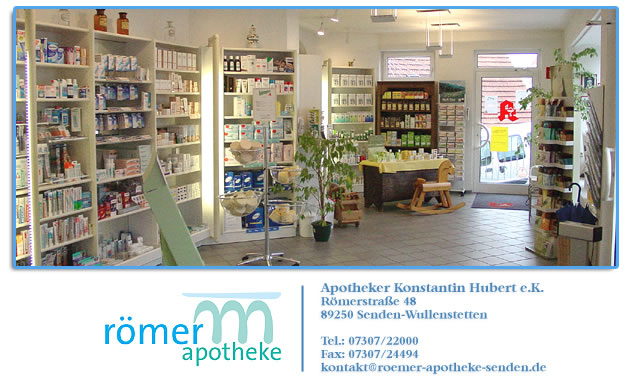 Die Rmer-Apotheke, Senden-Wullenstetten stellt sich vor. Informationen, Tipps und Anregungen rund um die Gesundheit, Medikamente, Notdienst, Impfungen, Reiseapotheke, Allergien, Kosmetik, Wellness, Blutdruck, Ernhrung, Diabetes, ...